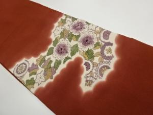 縮緬地手描き抽象花葉模様開き名古屋帯（額縁仕立て）
